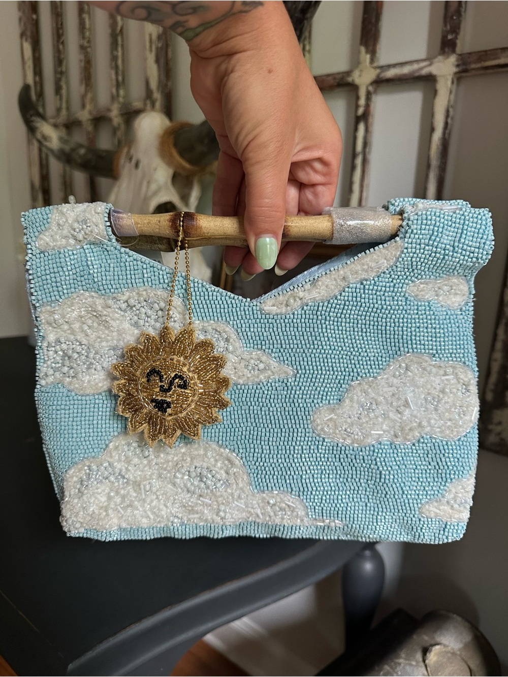 NWT Viral Light Blue Cloud and Sun Beaded Bag